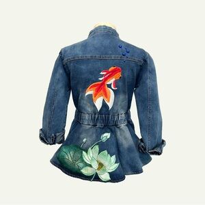 Kids Denim Jacket with Embroidered Fish and Lotus